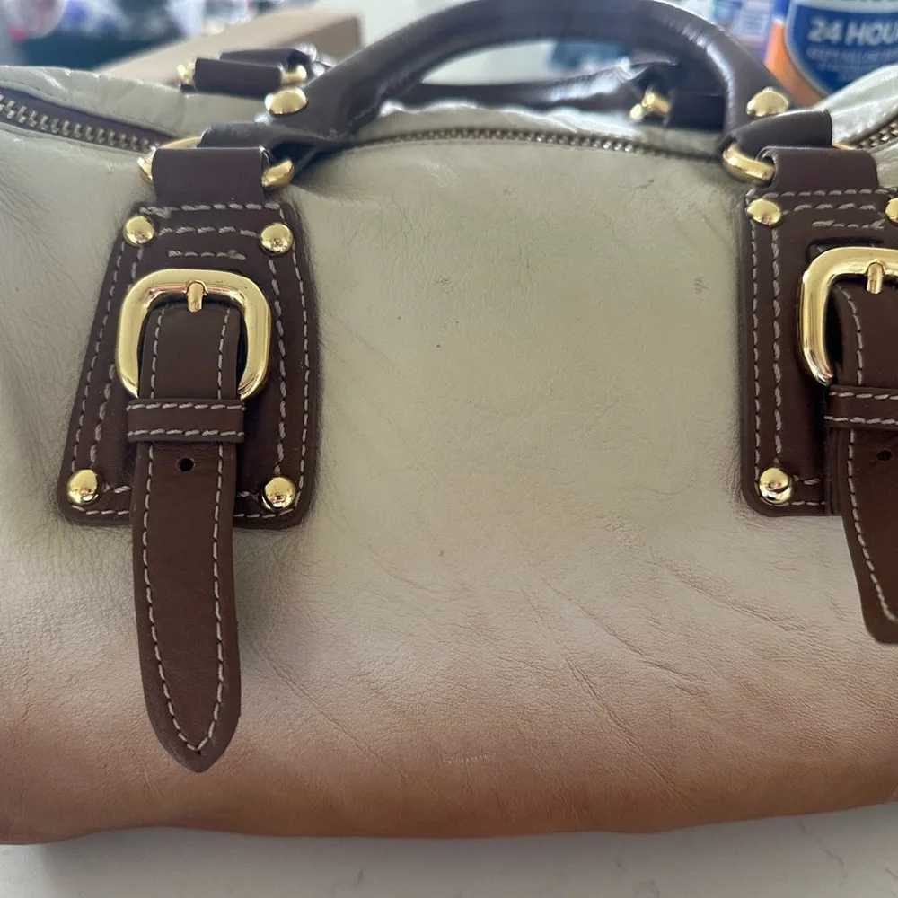 Steve Madden Brown and Cream Satchel with Gold Accents - Picture 1 of 7